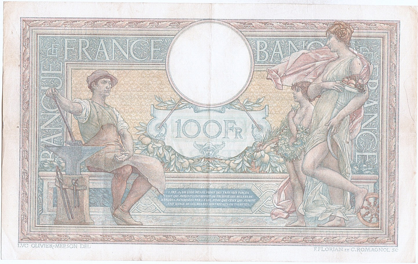 Banknote, France, 100 Francs, 100 F 1908-1939 ''Luc Olivier Merson'', 1926