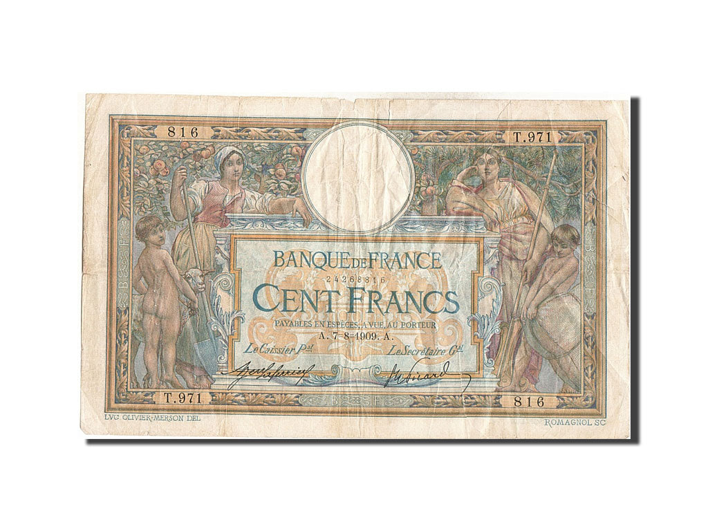 France, 100 Francs, 100 F 1908-1939 ''Luc Olivier Merson'', 1909, KM #71a,...