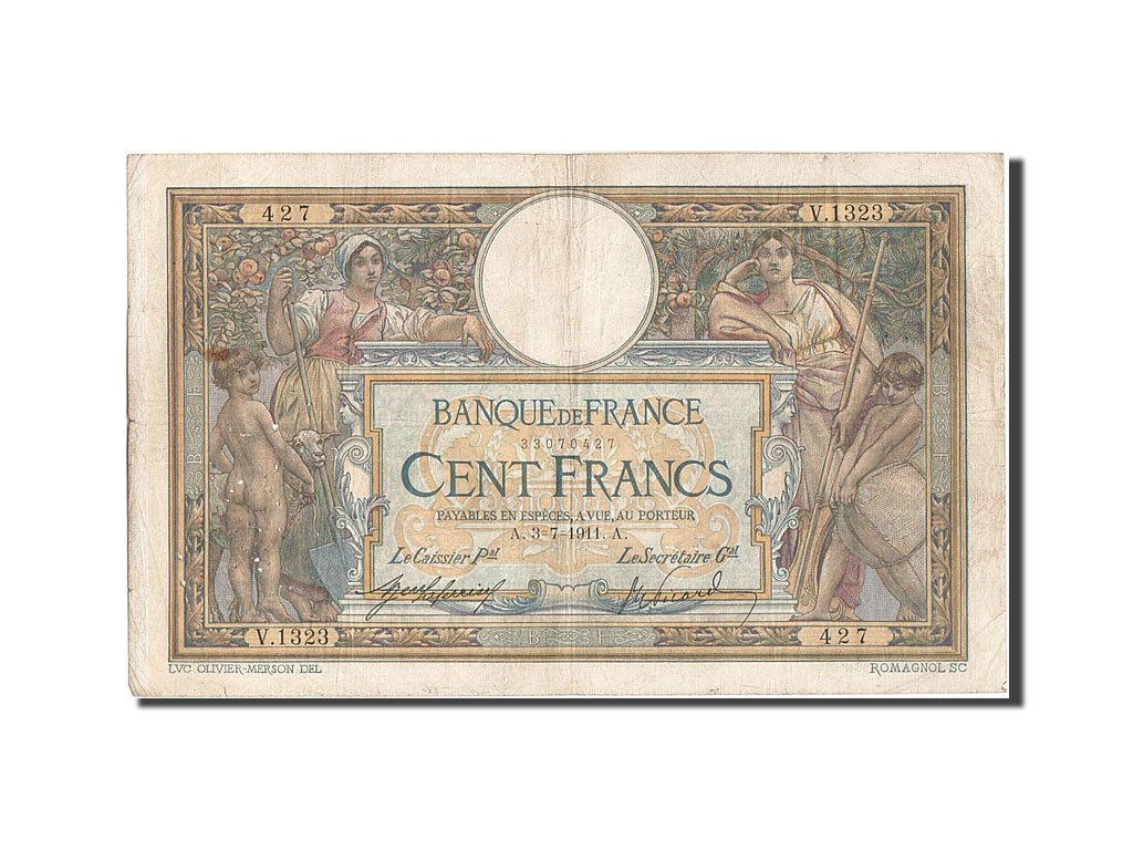 France, 100 Francs, 100 F 1908-1939 ''Luc Olivier Merson'', 1911, KM #71a,...