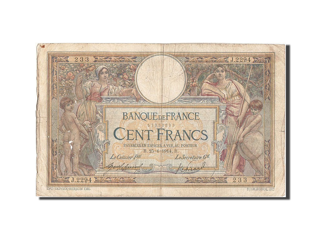 Banknote, France, 100 Francs, 100 F 1908-1939 ''Luc Olivier Merson'', 1914