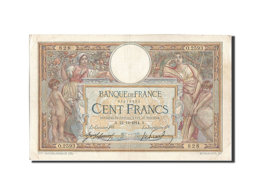 Banknote, France, 100 Francs, 100 F 1908-1939 ''Luc Olivier Merson'', 1914