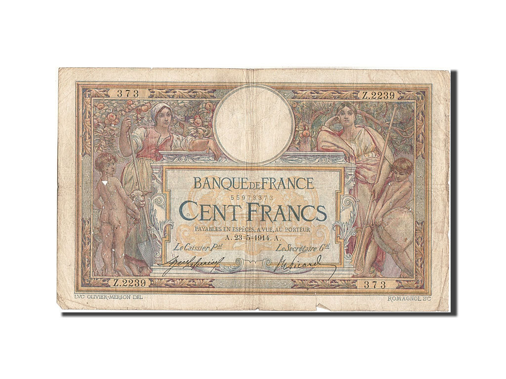 Banknote, France, 100 Francs, 100 F 1908-1939 ''Luc Olivier Merson'', 1914