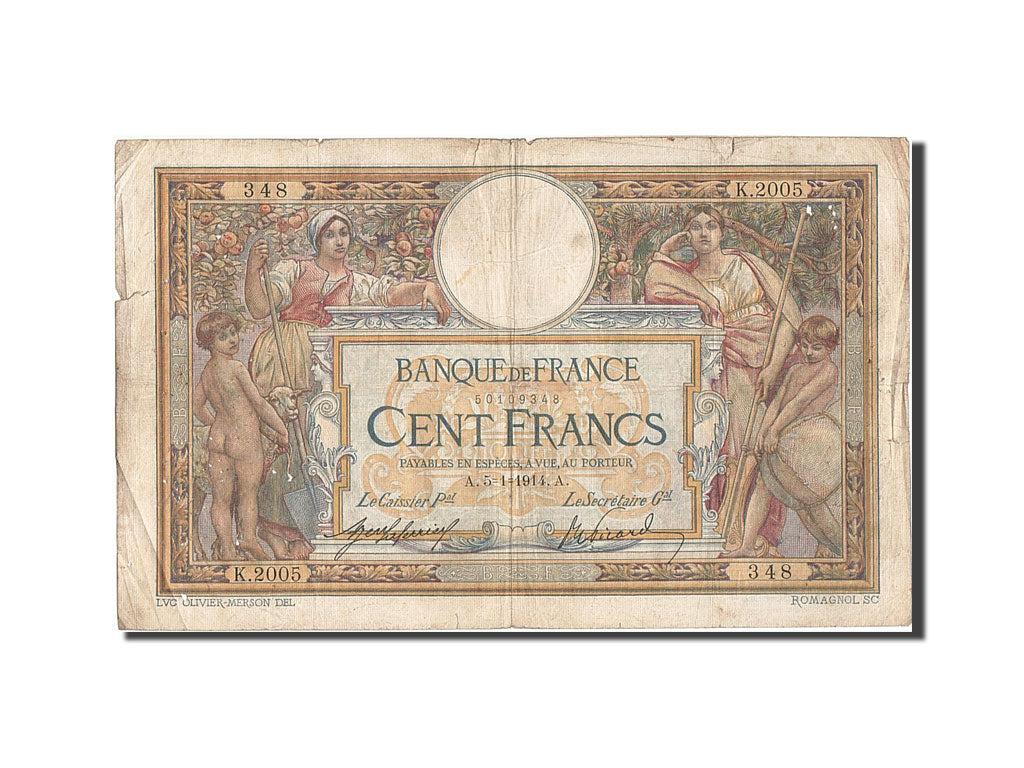 Banknote, France, 100 Francs, 100 F 1908-1939 ''Luc Olivier Merson'', 1914