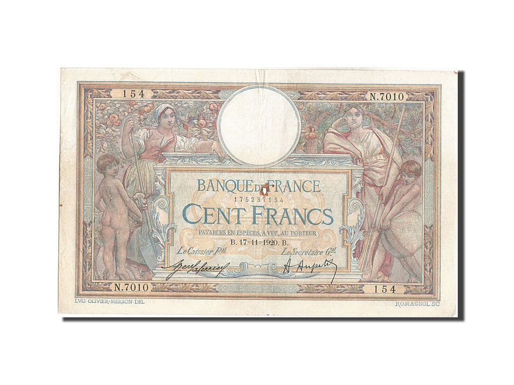 Banknote, France, 100 Francs, 100 F 1908-1939 ''Luc Olivier Merson'', 1920