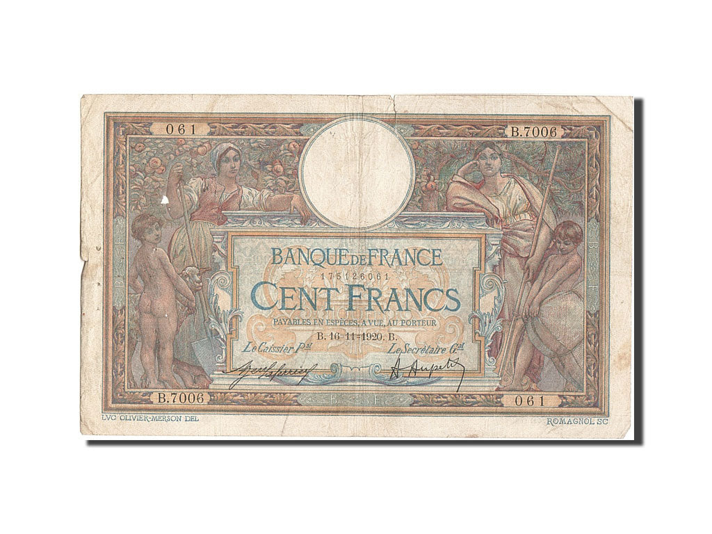 Banknote, France, 100 Francs, 100 F 1908-1939 ''Luc Olivier Merson'', 1920