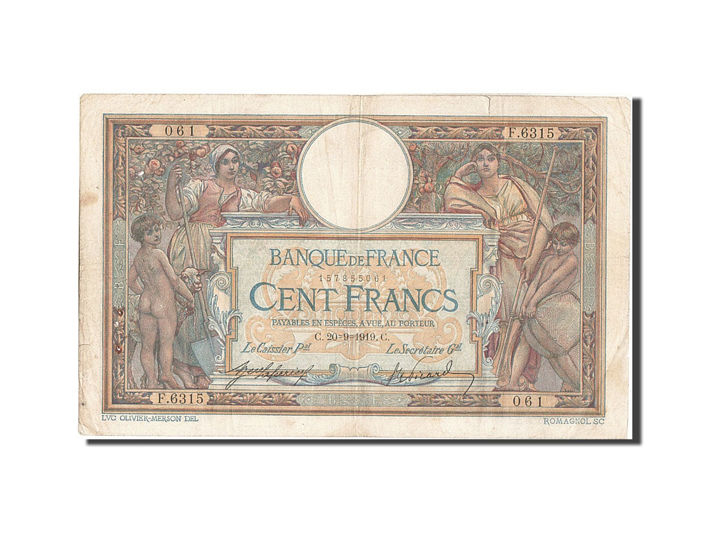 France, 100 Francs, 100 F 1908-1939 ''Luc Olivier Merson'', 1919, KM #71a,...