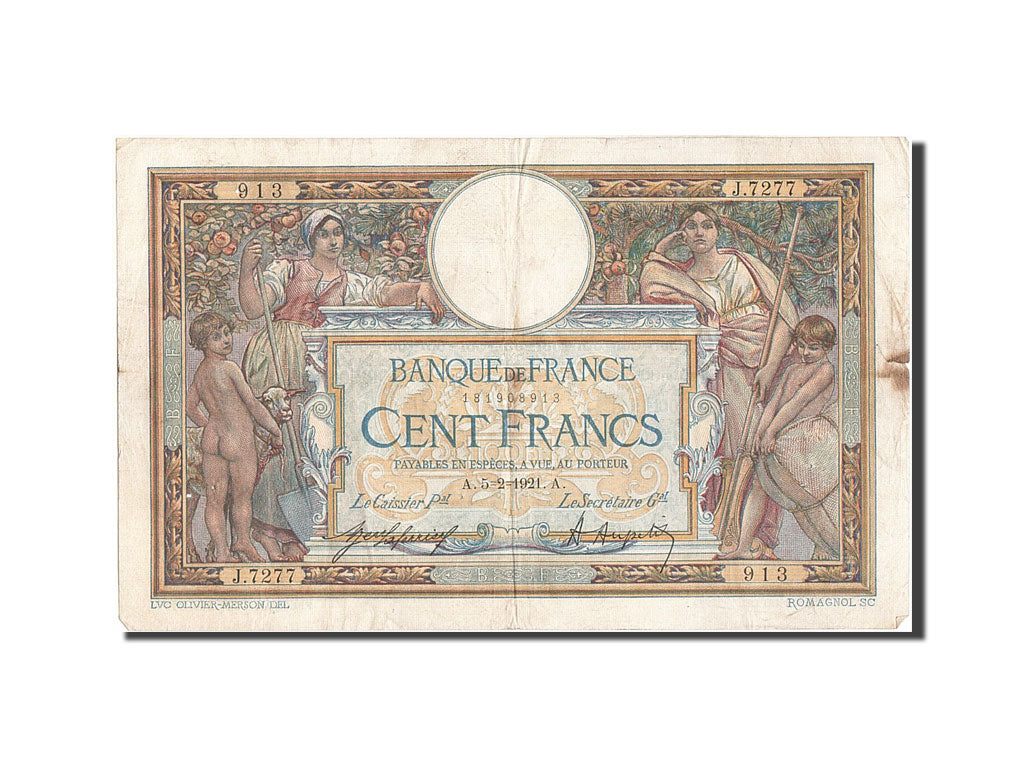 Banknote, France, 100 Francs, 100 F 1908-1939 ''Luc Olivier Merson'', 1921