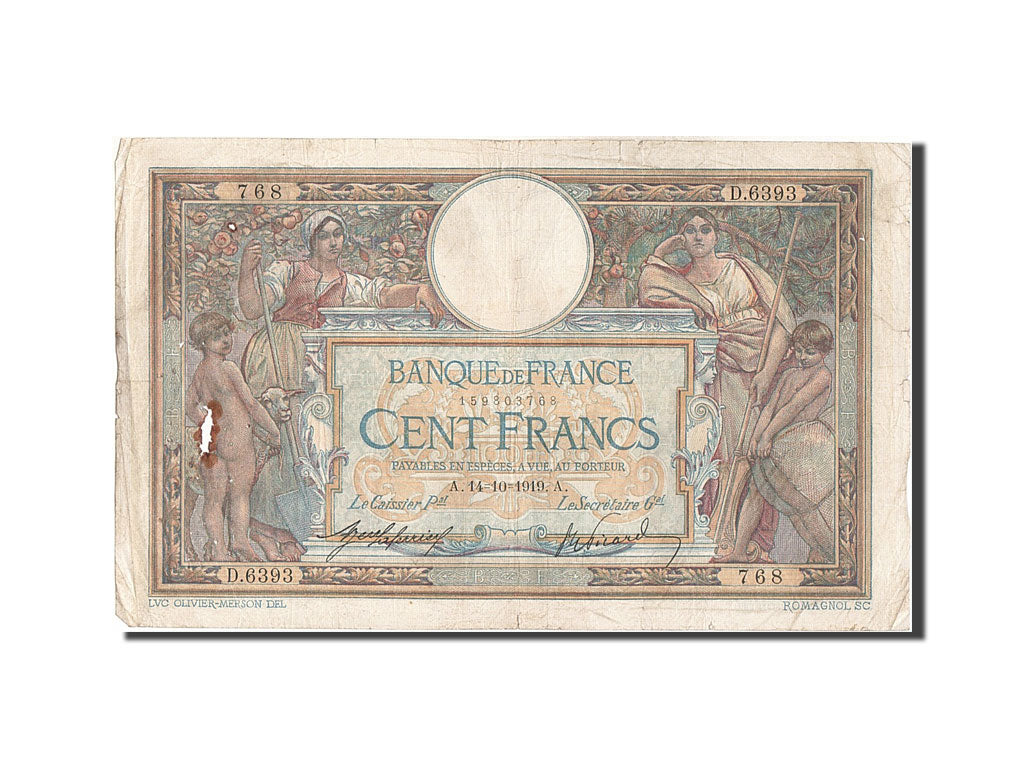 France, 100 Francs, 100 F 1908-1939 ''Luc Olivier Merson'', 1919, KM #71a,...