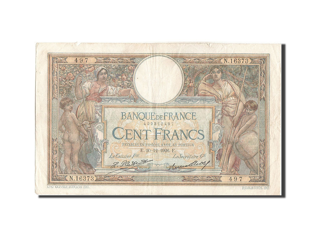 France, 100 Francs, 100 F 1908-1939 ''Luc Olivier Merson'', 1926, KM #78b,...