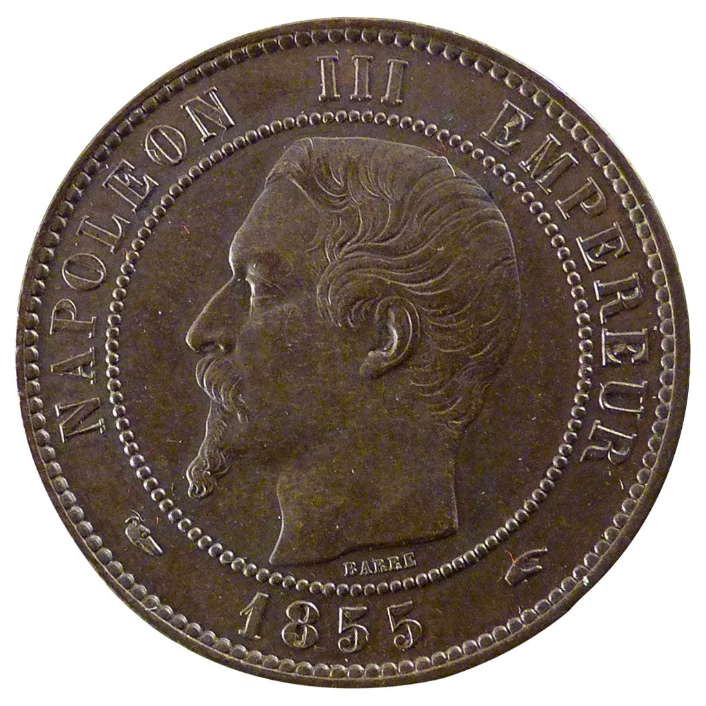 FRANCE, 10 Centimes, 1855, Paris, AU(50-53), Bronze, Gadoury #248, 9.90