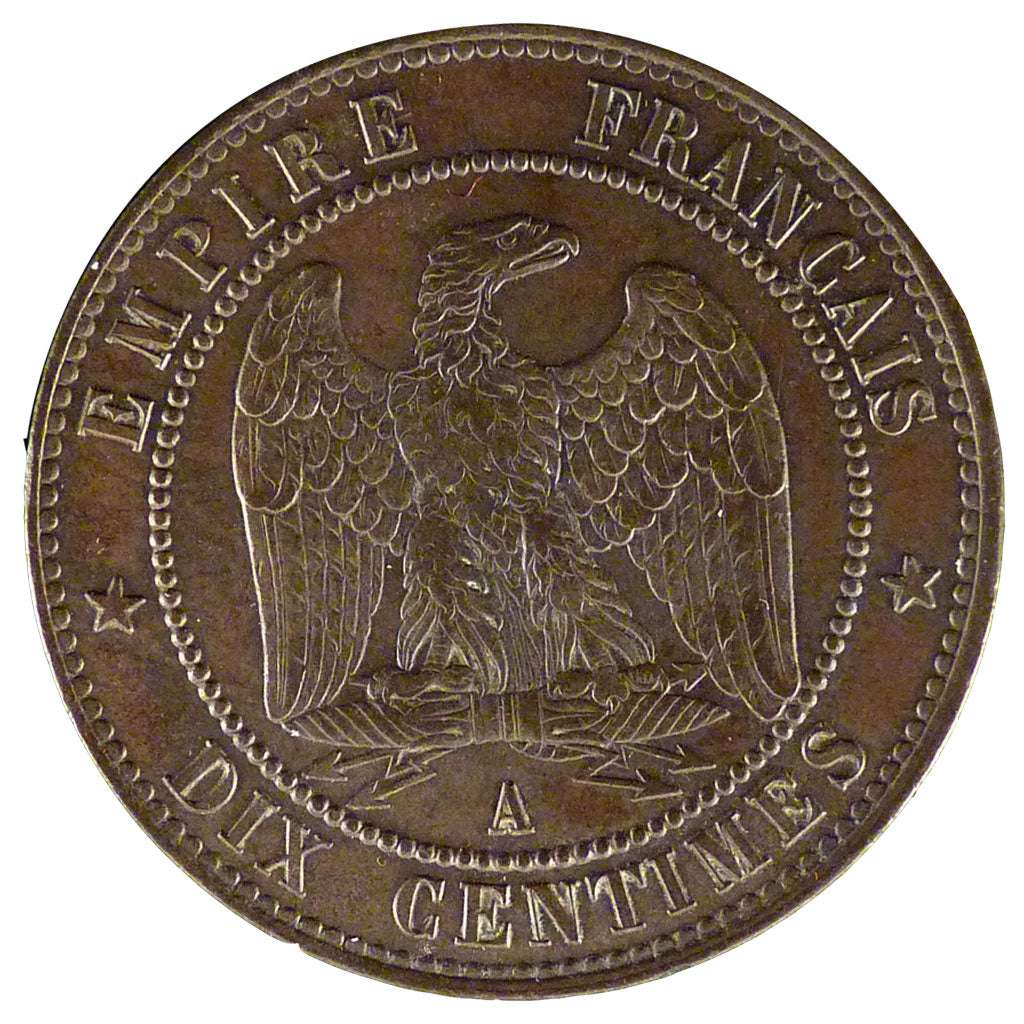 FRANCE, 10 Centimes, 1855, Paris, AU(50-53), Bronze, Gadoury #248, 9.90