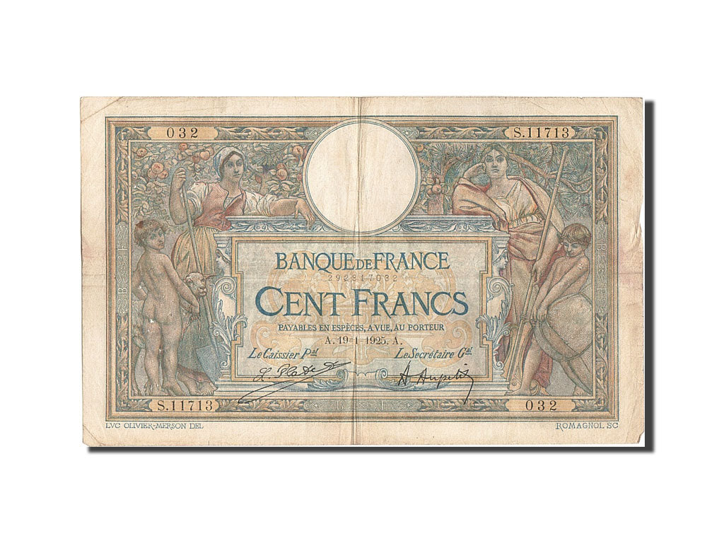 France, 100 Francs, 100 F 1908-1939 ''Luc Olivier Merson'', 1925, KM #78a,...