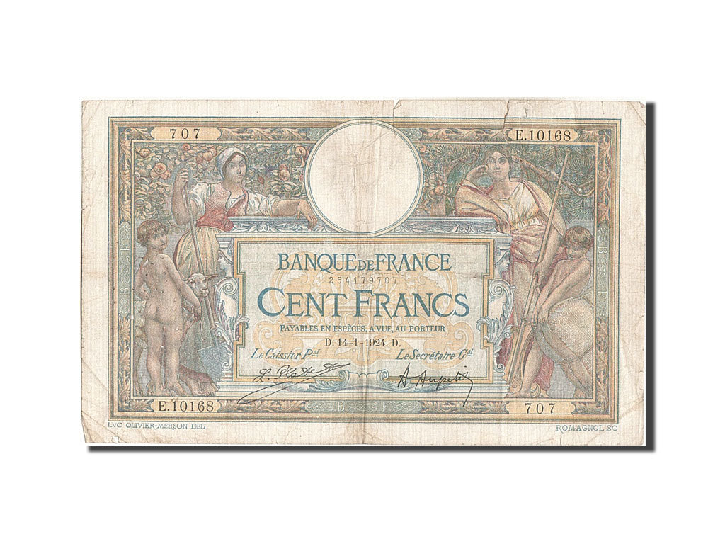 Banconote, Francia, 100 Francs, 100 F 1908-1939 ''Luc Olivier Merson'', 1924