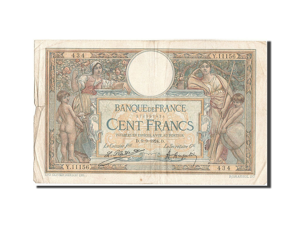Banknote, France, 100 Francs, 100 F 1908-1939 ''Luc Olivier Merson'', 1924