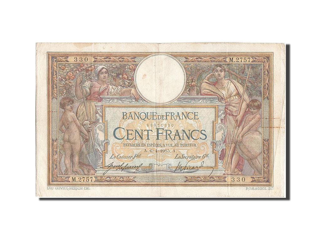 France, 100 Francs, 100 F 1908-1939 ''Luc Olivier Merson'', 1915, KM #71a,...