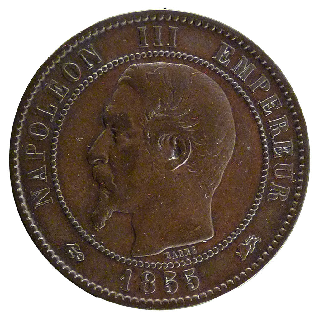 FRANCE, 10 Centimes, 1855, Lyons, EF(40-45), Bronze, Gadoury #248, 9.70