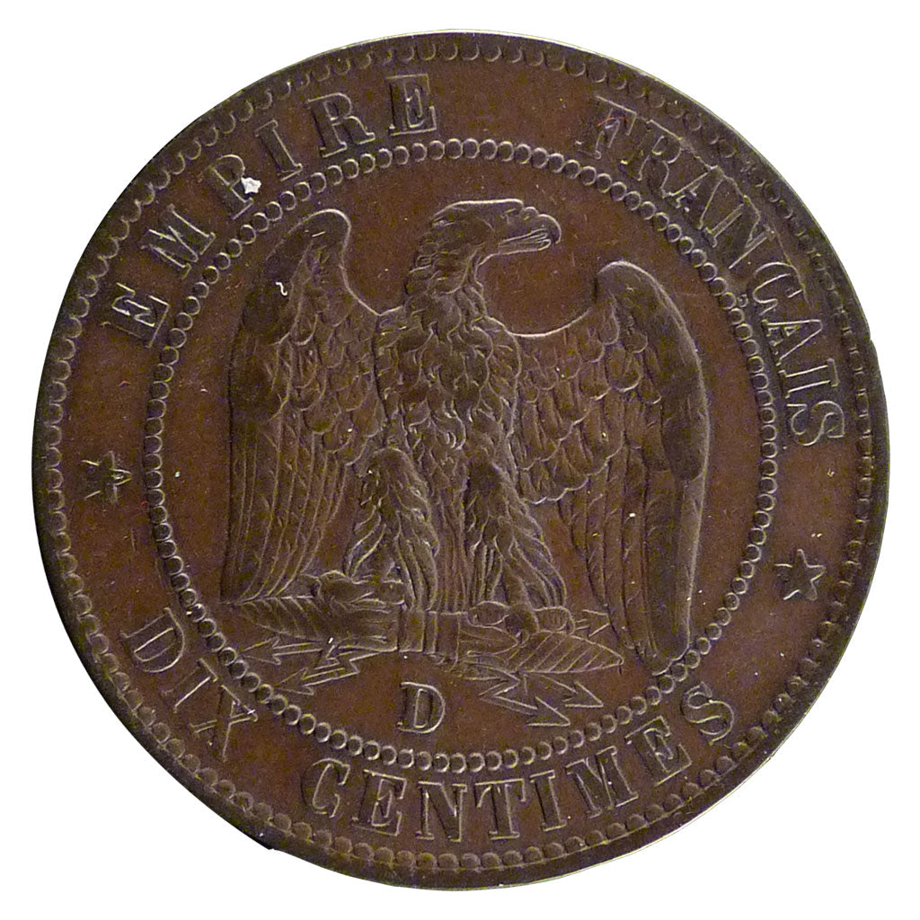 FRANCE, 10 Centimes, 1855, Lyons, EF(40-45), Bronze, Gadoury #248, 9.70