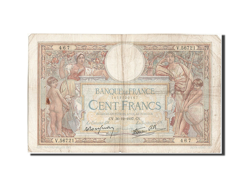Banknote, France, 100 Francs, 100 F 1908-1939 ''Luc Olivier Merson'', 1937