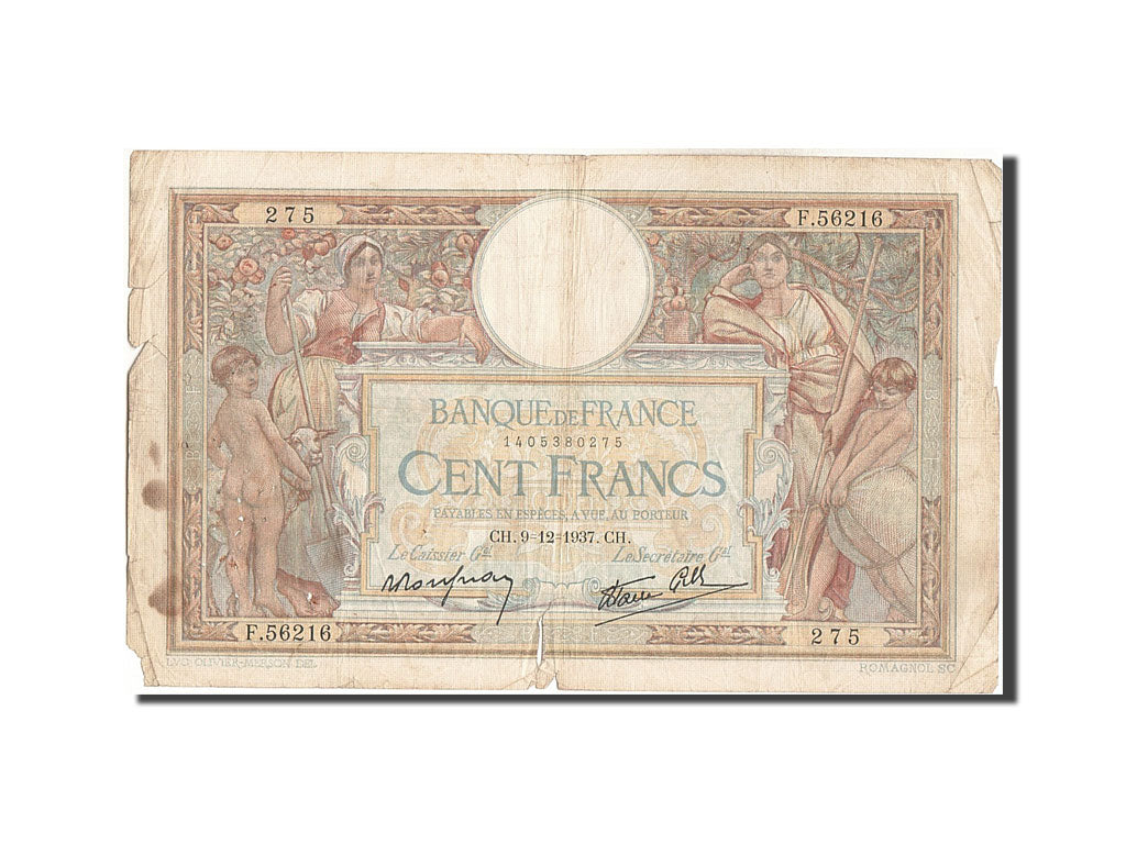France, 100 Francs, 100 F 1908-1939 ''Luc Olivier Merson'', 1937, KM #86b,...