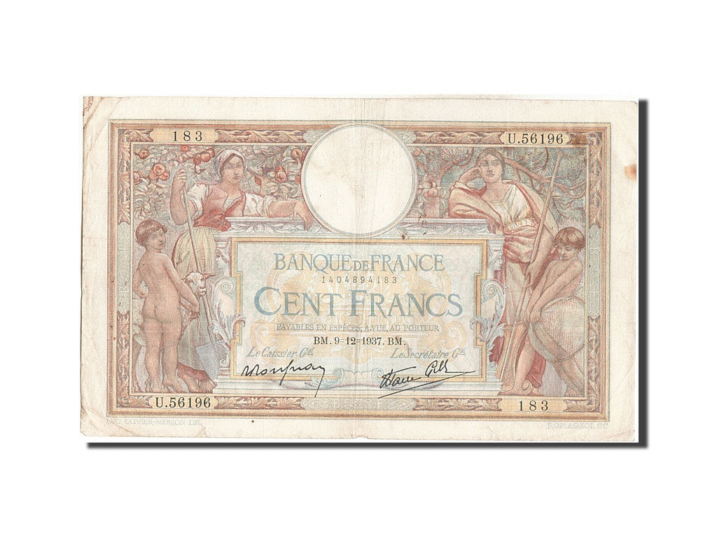 France, 100 Francs, 100 F 1908-1939 ''Luc Olivier Merson'', 1937, KM #86b,...