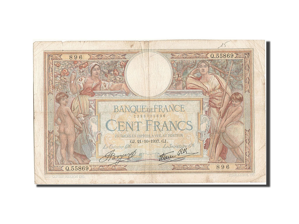 Banknote, France, 100 Francs, 100 F 1908-1939 ''Luc Olivier Merson'', 1937