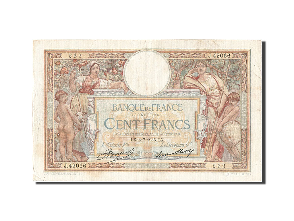 Banknote, France, 100 Francs, 100 F 1908-1939 ''Luc Olivier Merson'', 1935