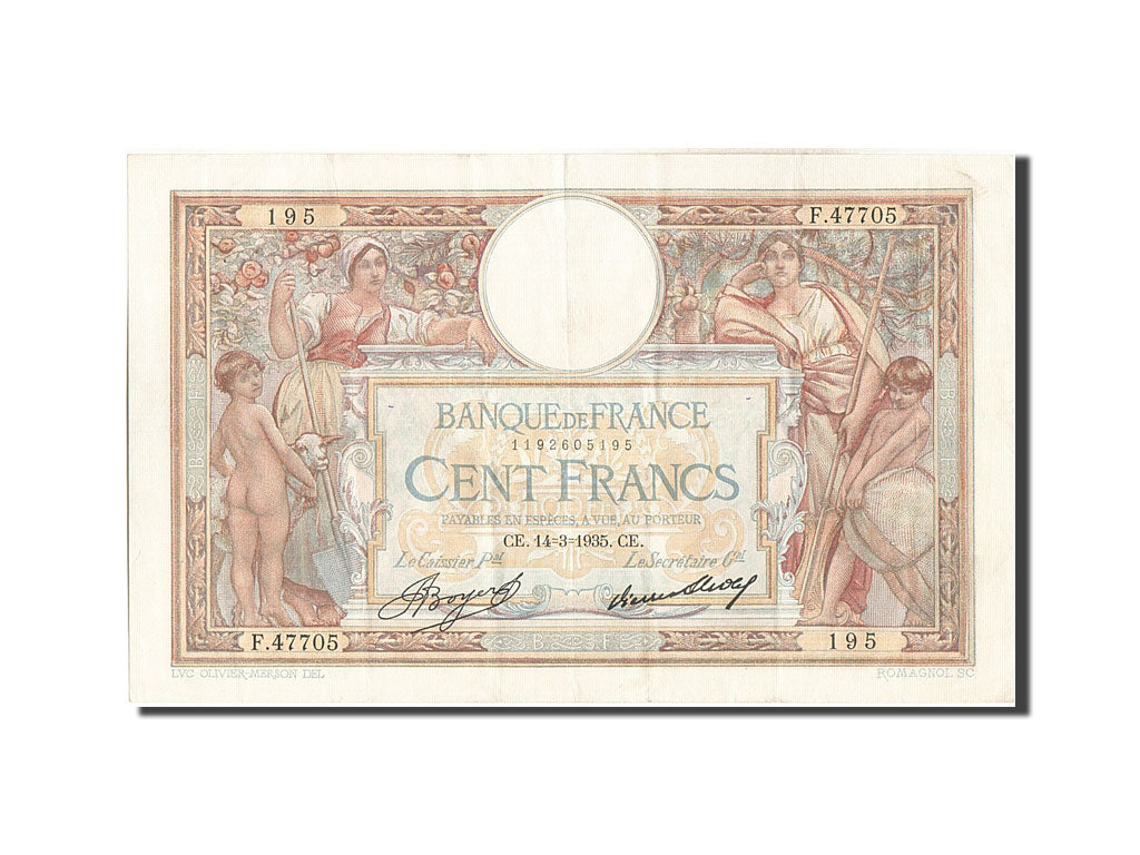 Banknote, France, 100 Francs, 100 F 1908-1939 ''Luc Olivier Merson'', 1935