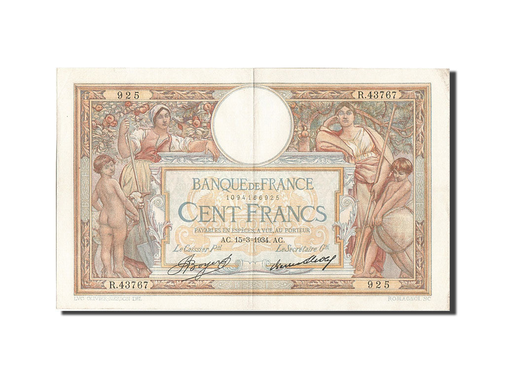 France, 100 Francs, 100 F 1908-1939 ''Luc Olivier Merson'', 1934, KM #78c,...