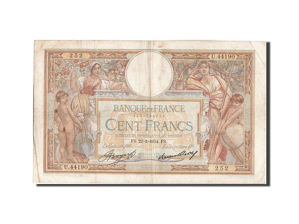 Banknote, France, 100 Francs, 100 F 1908-1939 ''Luc Olivier Merson'', 1934