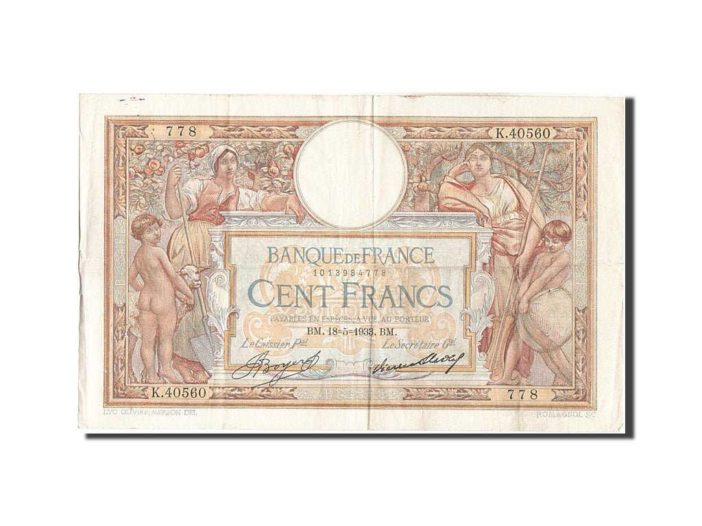 Banknote, France, 100 Francs, 100 F 1908-1939 ''Luc Olivier Merson'', 1939