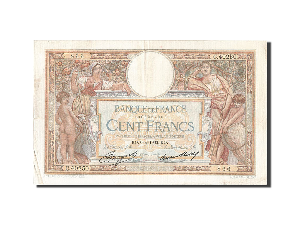 Banknote, France, 100 Francs, 100 F 1908-1939 ''Luc Olivier Merson'', 1933