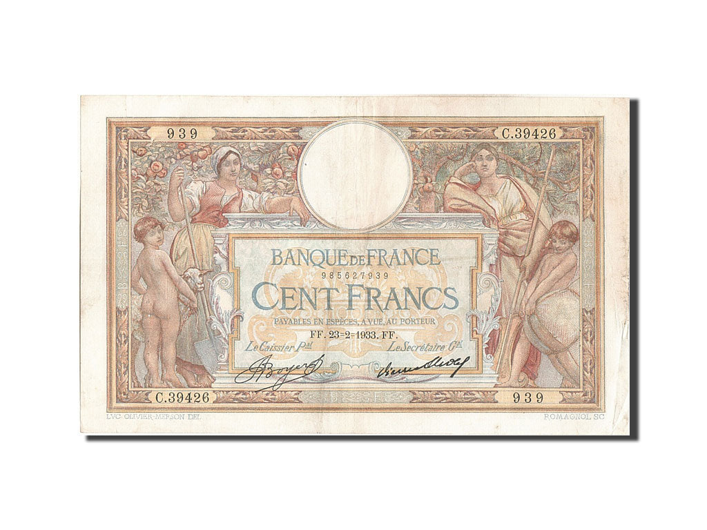 Banknote, France, 100 Francs, 100 F 1908-1939 ''Luc Olivier Merson'', 1933