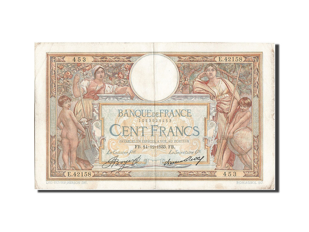 Banknote, France, 100 Francs, 100 F 1908-1939 ''Luc Olivier Merson'', 1933