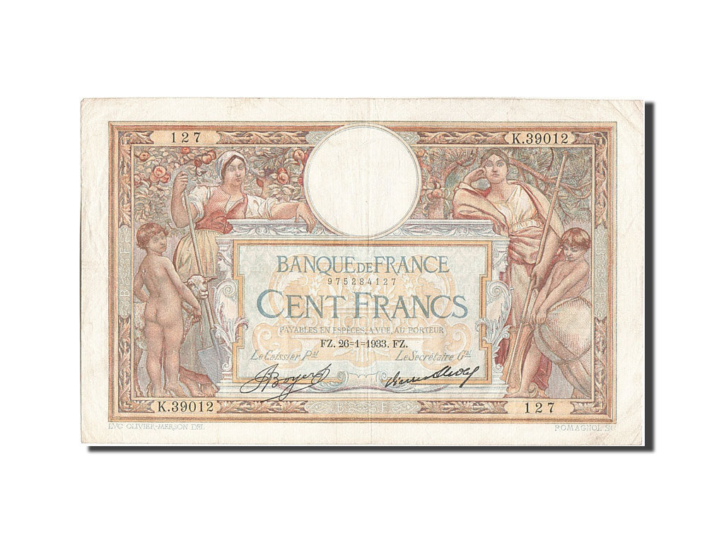 Francia, 100 Francs, 100 F 1908-1939 ''Luc Olivier Merson'', 1933, KM:78c, 19...