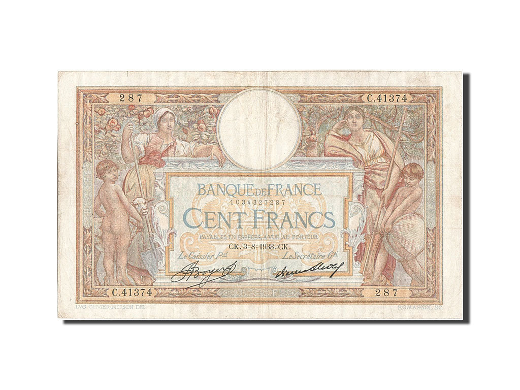 Banknote, France, 100 Francs, 100 F 1908-1939 ''Luc Olivier Merson'', 1933