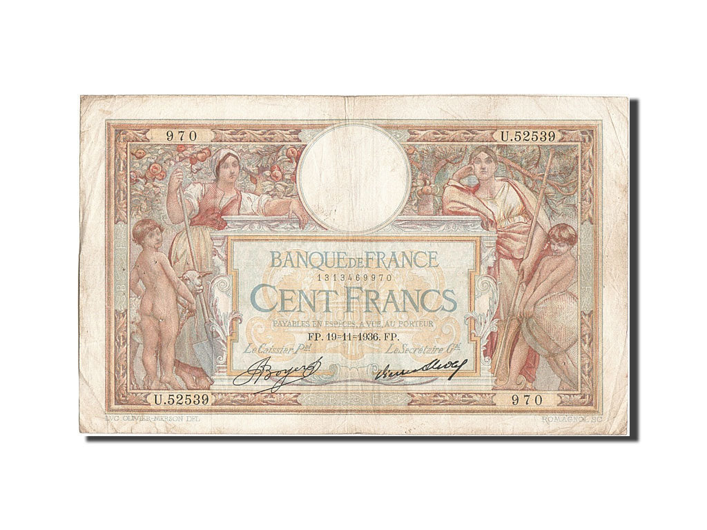 Banknote, France, 100 Francs, 100 F 1908-1939 ''Luc Olivier Merson'', 1936