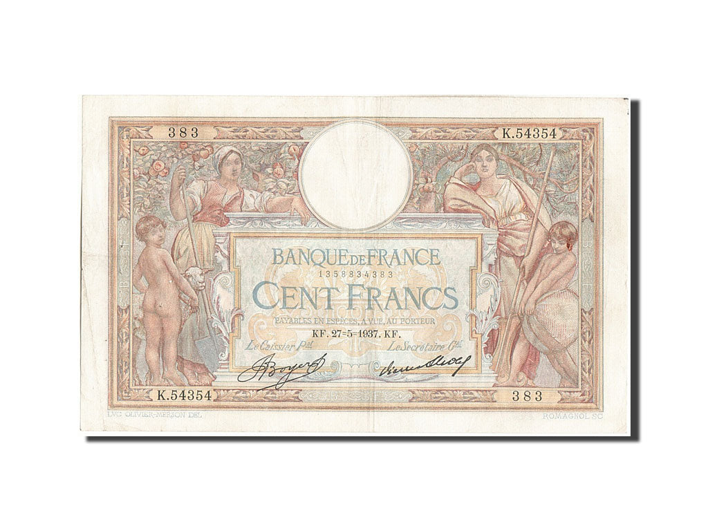 France, 100 Francs, 100 F 1908-1939 ''Luc Olivier Merson'', 1939, KM #78c,...