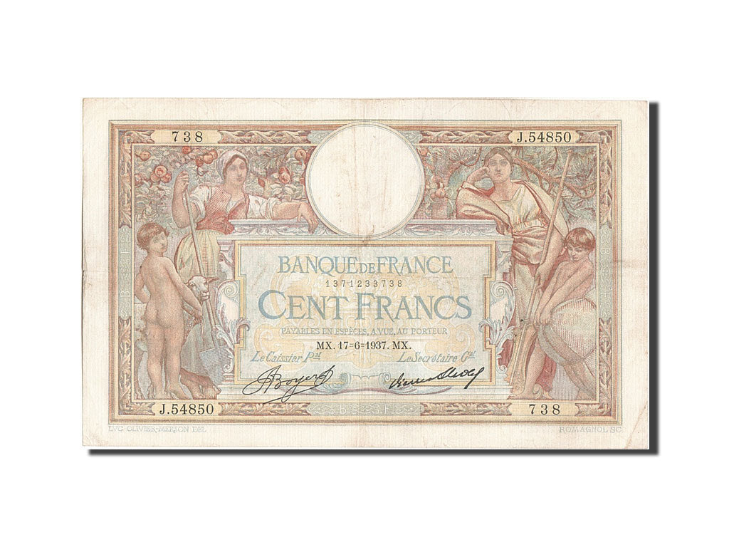 Banknote, France, 100 Francs, 100 F 1908-1939 ''Luc Olivier Merson'', 1937