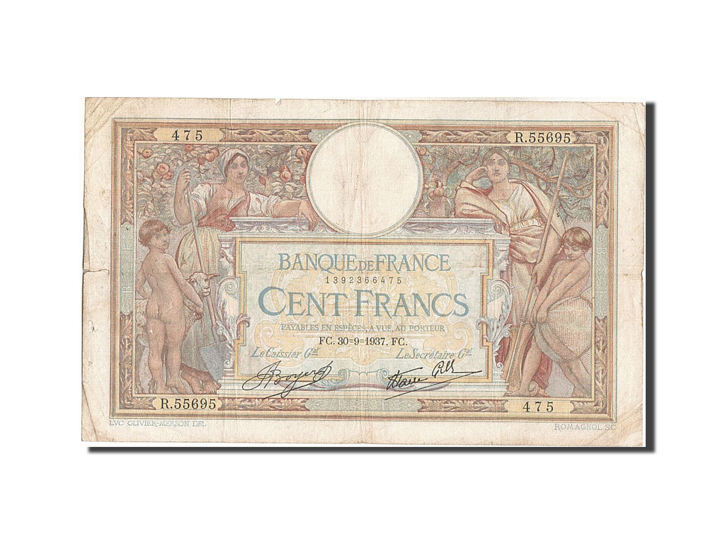 Banknote, France, 100 Francs, 100 F 1908-1939 ''Luc Olivier Merson'', 1937