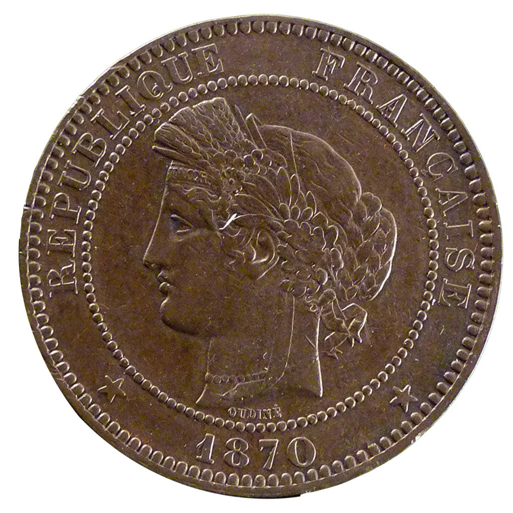 FRANCE, Cérès, 10 Centimes, 1870, Paris, KM #815.1, AU(55-58), Bronze, Gadoury #