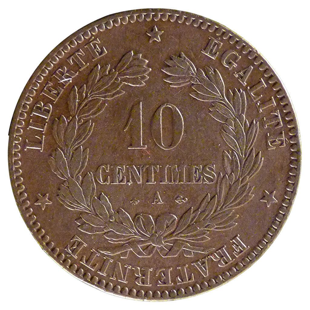 FRANCE, Cérès, 10 Centimes, 1870, Paris, KM #815.1, AU(55-58), Bronze, Gadoury #