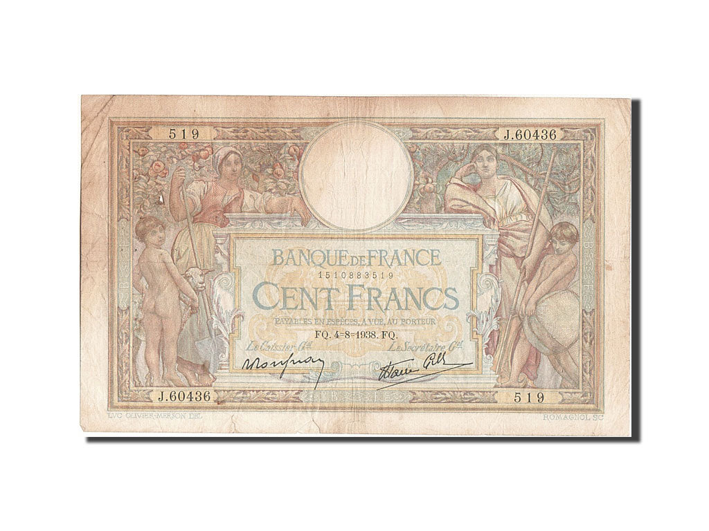 France, 100 Francs, 100 F 1908-1939 ''Luc Olivier Merson'', 1938, KM #86b,...