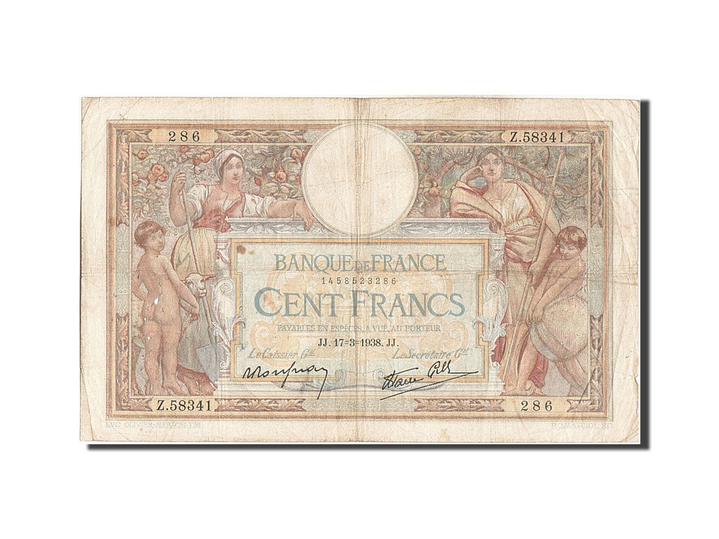 Banknote, France, 100 Francs, 100 F 1908-1939 ''Luc Olivier Merson'', 1938