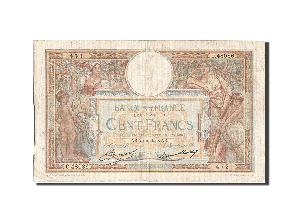 France, 100 Francs, 100 F 1908-1939 ''Luc Olivier Merson'', 1935, KM #78c,...