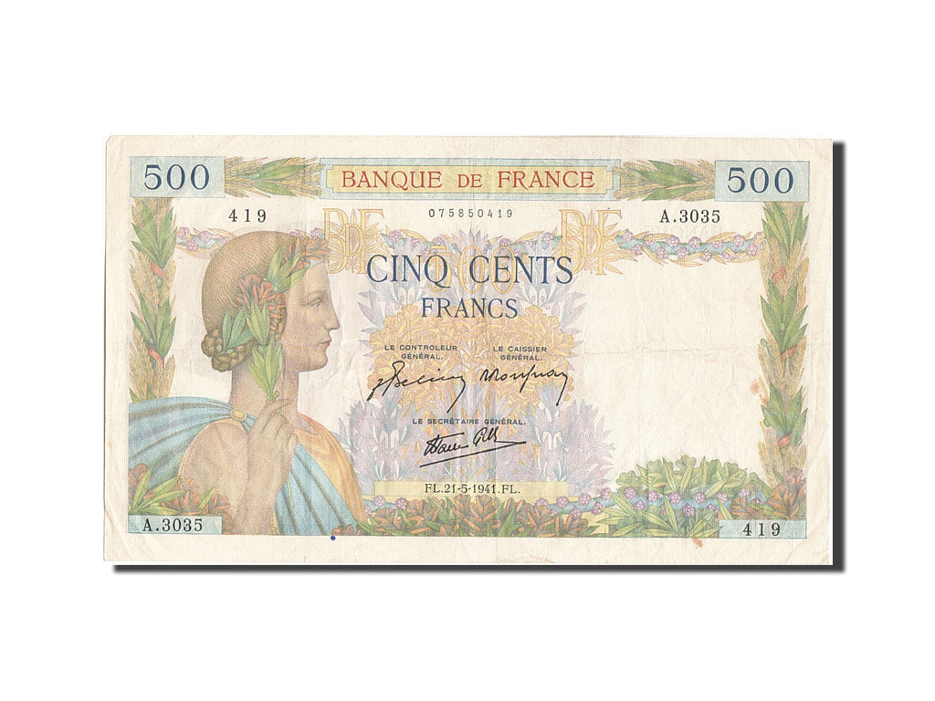 France, 500 Francs, 500 F 1940-1944 ''La Paix'', 1941, KM #95b, 1941-05-21,...