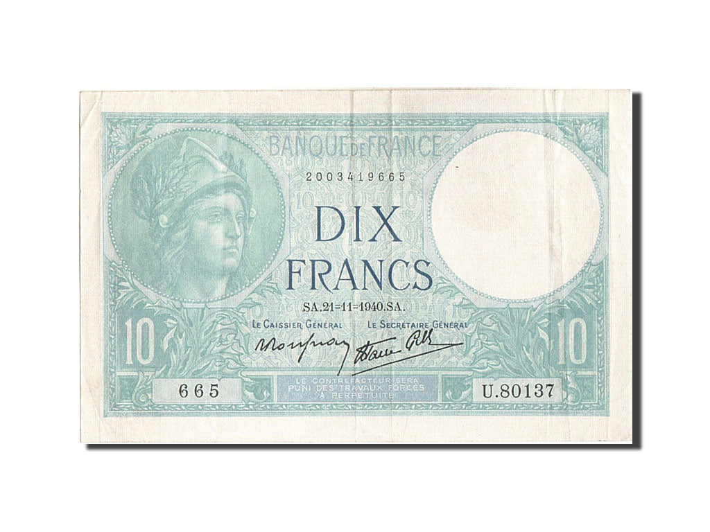 France, 10 Francs, 10 F 1916-1942 ''Minerve'', 1940, KM #84, 1940-11-21,...