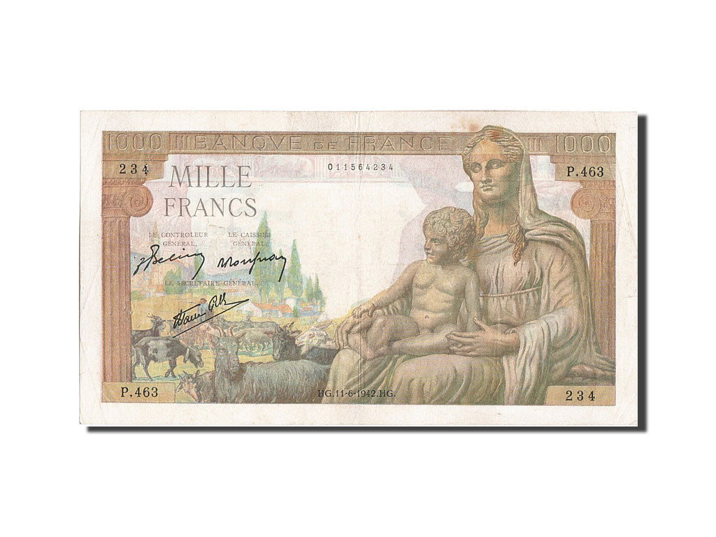 France, 1000 Francs, 1 000 F 1942-1943 ''Déesse Déméter'', 1942, KM #102, 194...
