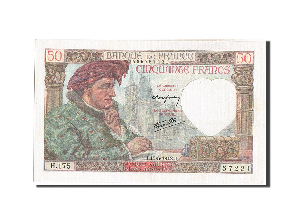 France, 20 Francs, 50 F 1940-1942 ''Jacques Coeur'', 1942, KM #100a,...
