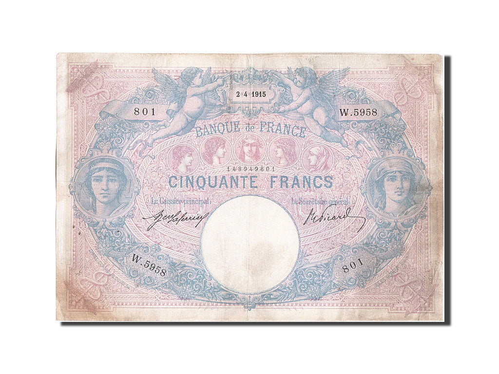 France, 50 Francs, 50 F 1889-1927 ''Bleu et Rose'', 1915, KM #64e, 1915-04-02,..