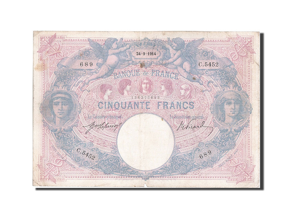 France, 50 Francs, 50 F 1889-1927 ''Bleu et Rose'', 1914, KM #64e, 1914-09-24,..